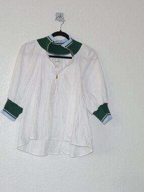 Maeve Half-Zip Puff-Sleeve Sporty Henley Blouse – Size LP